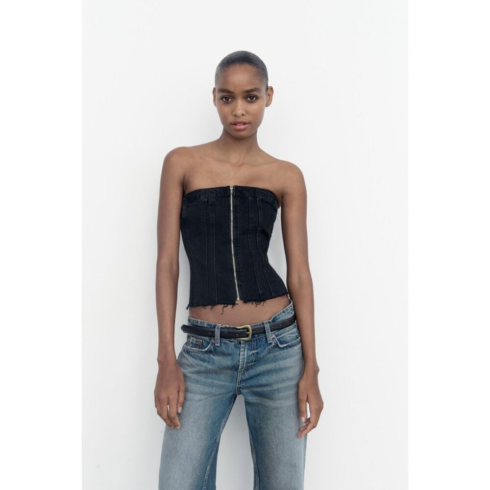 Zara Black Denim Corset Top Exposed Front Zipper Size XS Frayed Hem Strapless